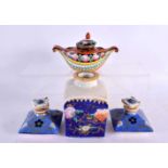 A PAIR OF 19TH CENTURY FRENCH PORCELAIN SCENT BOTTLES together with an inkwell and another.