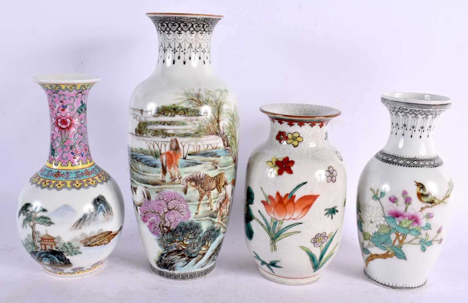 FOUR CHINESE REPUBLICAN PERIOD PORCELAIN VASES in various forms and sizes. Largest 22.5 cm high. (