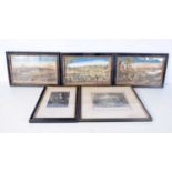 A set of framed coloured military etchings together with another two etchings largest 14 x 18 cm (