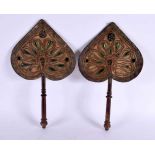 A RARE PAIR OF 19TH CENTURY MIDDLE EASTERN INDIAN FANS unusually formed with beetle skins. 27 cm x