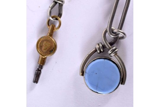 AN EARLY VERGE REPEATER POCKET WATCH TOGETHER WITH A WATCH CHAIN WITH AN AGATE FOB AND TWO WATCH - Image 7 of 7