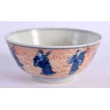 A 19TH CENTURY CHINESE BLUE AND WHITE IRON RED PORCELAIN BOWL bearing Kangxi marks to base,