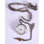 A SILVER CASED FOB WATCH WITH WHITE DIAL AND BLUE ROMAN NUMERALS TOGETHER WITH AN ALBERTINA AND