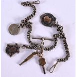 2 SILVER WATCH CHAINS WITH 2 MEDALLIONS, 2 WATCH KEYS AND A NICKEL. Total weight 87g