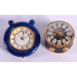 TWO SMALL VINTAGE MINIATURE DESK CLOCKS one mounted in lapis lazuli. Largest 4 cm wide. (2)