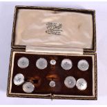 ANTIQUE CASED VICTORIAN 9K GOLD AND MOTHER OF PEARL CUFFLINKS AND DRESS STUD SET FROM W J FRY AND