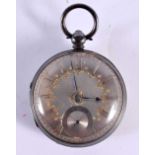 A VICTORIAN SILVER CASED POCKET WATCH WITH SILVERED DIAL AND GILT ROMAN NUMERALS. 5cm diameter,