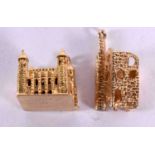 TWO 9CT GOLD CHARMS MODELLED AS THE TOWER OF LONDON AND A CORNISH TIN MINE. Largest 2cm, total