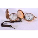 TWO YELLOW METAL POCKET WATCHES, 1 WITH FOB STRAP . 1 not working, 5cm Dial. (2)