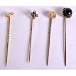 FIVE 15CT GOLD STICK PINS. Stamped 15K, longest 6.1cm, total weight 6.2g (5)