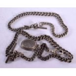 A SILVER ALBERT WATCH CHAIN WITH A LOCKET FOB TOGETHER WITH ANOTHER. Longest 36cm, total weight