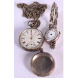 A SILVER CASED POCKET WATCH ON A CHAIN TOGETHER WITH A SILVER POCKET WATCH CASE AND A SILVER CASED