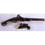 AN ANTIQUE FLINTLOCK PISTOL TOGETHER WITH A CONTINENTAL 6 SHOT 5MM PINFIRE REVOLVER, OCTAGONAL