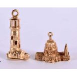 TWO 9CT GOLD CHARMS MODELLED AS ST PAUL'S CATHEDRAL AND A LIGHTHOUSE. Largest 2.8cm, total weight