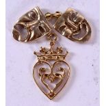 2 x 9CT GOLD CHARMS MODELLED AS COMEDY / TRAGEDY MASKS AND A HEART SURMOUNTED BY A CROWN. Hallmarked