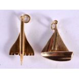 2 x 9CT GOLD CHARMS MODELLED AS CONCORDE AND A YACHT. Hallmarked 375. Largest 2.8cm long, total