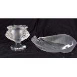 A FRENCH LALIQUE GLASS MASK HEAD VASE together with a Lalique leaf dish. Largest 17 cm x 14 cm. (2)