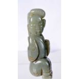 A CARVED JADE FIGURE OF A SEATED MALE. 9cm x 3cm x 2.1cm, weight 91.2g