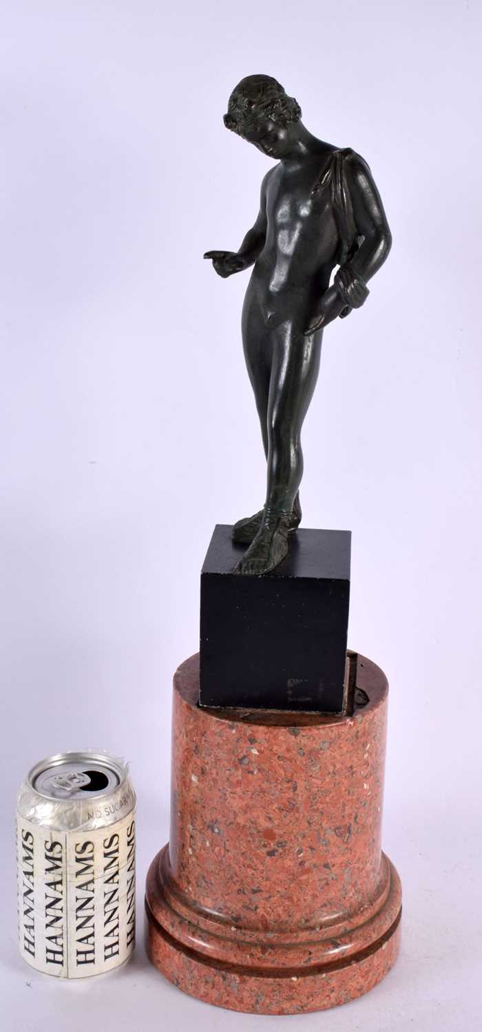 A 19TH CENTURY EUROPEAN ITALIAN GRAND TOUR PATINATED METAL FIGURE OF A NUDE MALE possibly bronze,