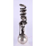 A 19TH CENTURY EUROPEAN GRAND TOUR BOY AND SERPENT FINIAL possibly silver. 79 grams. 10 cm long.