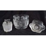 A FRENCH LALIQUE GLASS VASE together with a Lalique glass lighter & a Lalique flower. Largest 9.5 cm