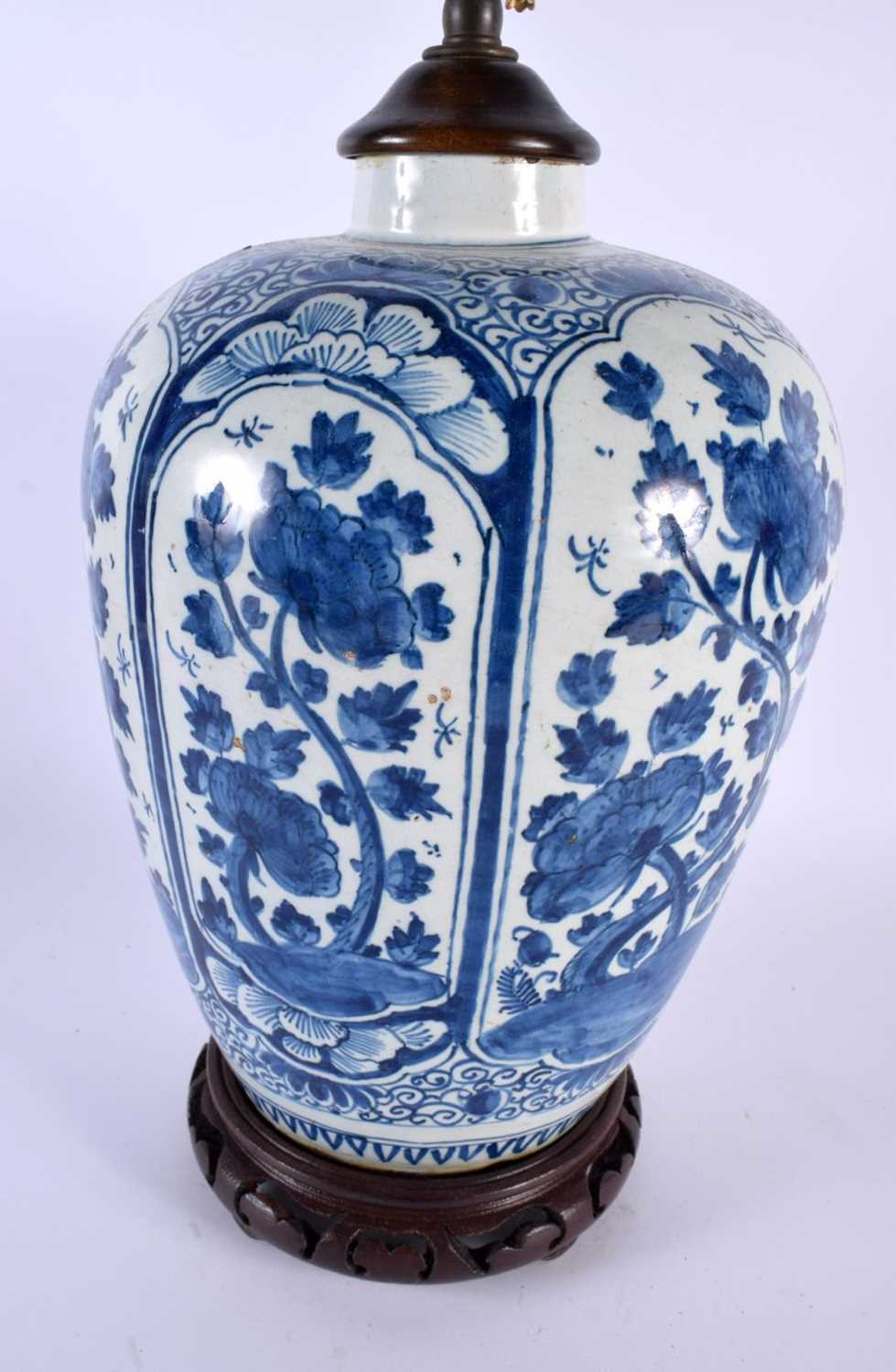 A LARGE 18TH CENTURY DUTCH DELFT TIN GLAZED COUNTRY HOUSE LAMP painted with flowers. 57 cm high. - Image 2 of 4