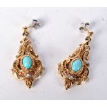 A PAIR OF VICTORIAN STYLE 9CT GOLD AND TURQUOISE EARRINGS. Stamped 9K, 3.6cm x 1.9cm, total weight