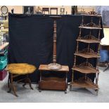 A six shelf Corner Unit together with a Davrard folding table, magazine table and a carved wood
