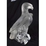 A LARGE FRENCH GLASS LALIQUE FIGURE OF A HAWK modelled perched. 24 cm x 12 cm.