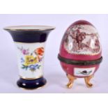 A GERMAN MEISSEN PORCELAIN FLARED VASE together with a porcelain egg. Largest 13 cm x 10 cm. (2)