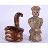 A SOUTH AMERICAN ANTIQUITY POTTERY TRIBAL FIGURE together with an Anglo Indian carved wood snake.