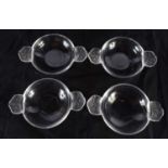 A SET OF FOUR FRENCH LALIQUE GLASS HONFLEUR PIN DISHES with floral handles. 14 cm x 10 cm. (4)