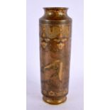 A FINE 19TH CENTURY JAPANESE MEIJI PERIOD CYLINDRICAL BRONZE VASE decorated all over with birds in