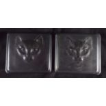 A PAIR OF FRENCH LALIQUE SMOKEY GLASS CAT BOXES AND COVERS one with original box. Largest 10 cm