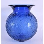 A FRENCH LALIQUE BLUE GLASS NYMPHALE VASE decorated all over with butterflies. 22 cm x 15 cm.