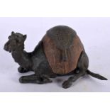 A RARE 19TH CENTURY EUROPEAN BRONZE AND COCONUT COUNTRY HOUSE INKWELL formed as a recumbent camel.