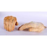 A CHARMING PAIR OF EARLY 20TH CENTURY PLASTER ARTISTS HANDS of naturalistic form. 21 cm long.