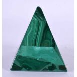 A RUSSIAN CARVED MALACHITE OBELISK TRIANGULAR GENTLEMANS PAPERWEIGHT. 7 cm x 9 cm.