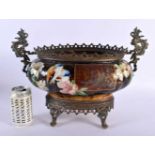 A 19TH CENTURY FRENCH AESTHETIC MOVEMENT BRONZE AND POTTERY JARDINIERE painted with birds and