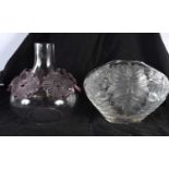A FRENCH LALIQUE GLASS MAHE CLAIRE VASE together with a Lalique Atossa purple flower vase. Largest