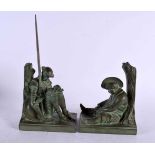 A PAIR OF ART DECO FRENCH BRONZE MAX LE VERRIER BOOKENDS depicting Donquixote. Largest single