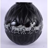 A RARE FRENCH LALIQUE BLACK MOULDED GLASS TANZANIA ZEBRA VASE painted with a white enamelled