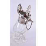 A RARE EDWARDIAN SILVER PLATED NOVELTY DOG HEAD DECANTER AND STOPPER with glass eyes. 20 cm x 8 cm.