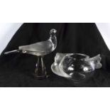 A FRENCH LALIQUE GLASS FIGURE OF A BIRD together with a Lalique double bird glass vase. Largest 20