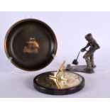A DANISH ART DECO PATINATED BRONZE VIKING SHIP DISH together with a sundial and figure of a male.