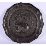 A RARE 18TH/19TH CENTURY PEWTER ARMORIAL PORCUPINE SCALLOPED DISH modelled under a coronet. 21 cm