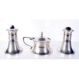 A SILVER CONDIMENT SET BY JOSEPH GLOSTER LTD WITH ENGINE TURNED DECORATION TO SIDES. Hallmarked