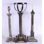 TWO LARGE 19TH CENTURY ENGLISH COUNTRY HOUSE SILVER PLATED CANDLESTICK LAMPS together with another