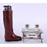 A CHARMING NOVELTY LEATHER EQUESTRIAN RIDING BOOT LIGHTER together with a picnic table cruet set.