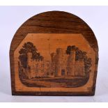 A RARE VICTORIAN TUNBRIDGEWARE WOOD SLIDING BOOK RACK decorated with landscapes. 56 cm x 15 cm